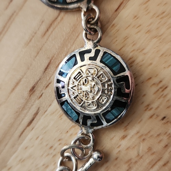 Mayan Aztec Sterling Silver with Enamel Bracelet - Picture 2 of 7